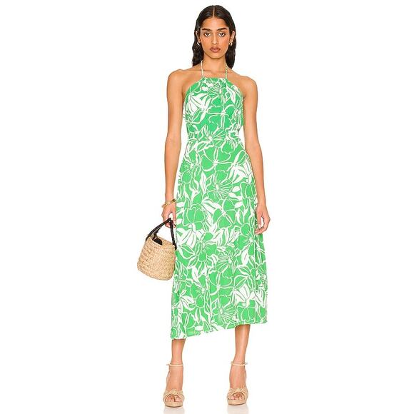 Faithful The Brand Taormina Dress Midi 6 Women Tropical Floral Halter Green - Picture 1 of 11